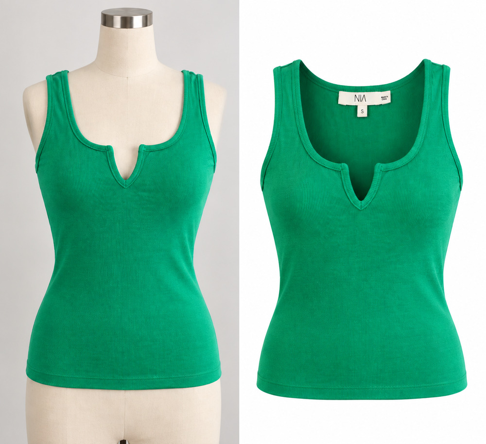 NIA Green Ribbed Notch Neck Tank Top Size Small